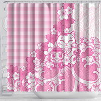 Pink Palaka Hawaiian And Japanese Shower Curtain Maneki Neko And Sakura Bloom