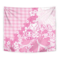 Pink Palaka Hawaiian And Japanese Tapestry Maneki Neko And Sakura Bloom