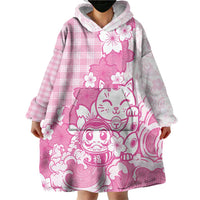 Pink Palaka Hawaiian And Japanese Wearable Blanket Hoodie Maneki Neko And Sakura Bloom DT05 - Polynesian Pride