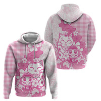 Pink Palaka Hawaiian And Japanese Zip Hoodie Maneki Neko And Sakura Bloom