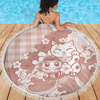 Beige Palaka Hawaiian And Japanese Beach Blanket Maneki Neko And Sakura Bloom