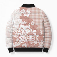 Beige Palaka Hawaiian And Japanese Bomber Puffer Jacket Maneki Neko And Sakura Bloom DT05 - Polynesian Pride