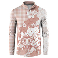 Beige Palaka Hawaiian And Japanese Button Sweatshirt Maneki Neko And Sakura Bloom