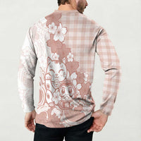 Beige Palaka Hawaiian And Japanese Button Sweatshirt Maneki Neko And Sakura Bloom