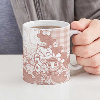 Beige Palaka Hawaiian And Japanese Ceramic Mug Maneki Neko And Sakura Bloom