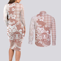 Beige Palaka Hawaiian And Japanese Couples Matching Long Sleeve Bodycon Dress and Long Sleeve Button Shirt Maneki Neko And Sakura Bloom