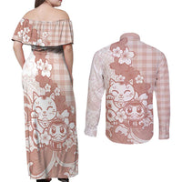 Beige Palaka Hawaiian And Japanese Couples Matching Off Shoulder Maxi Dress and Long Sleeve Button Shirt Maneki Neko And Sakura Bloom