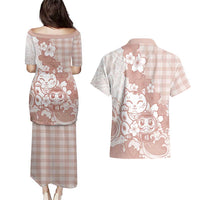Beige Palaka Hawaiian And Japanese Couples Matching Puletasi and Hawaiian Shirt Maneki Neko And Sakura Bloom