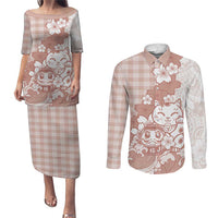 Beige Palaka Hawaiian And Japanese Couples Matching Puletasi and Long Sleeve Button Shirt Maneki Neko And Sakura Bloom