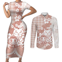 Beige Palaka Hawaiian And Japanese Couples Matching Short Sleeve Bodycon Dress and Long Sleeve Button Shirt Maneki Neko And Sakura Bloom