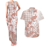 Beige Palaka Hawaiian And Japanese Couples Matching Tank Maxi Dress and Hawaiian Shirt Maneki Neko And Sakura Bloom
