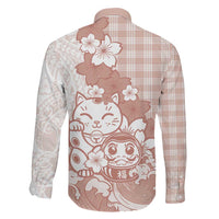 Beige Palaka Hawaiian And Japanese Family Matching Long Sleeve Bodycon Dress and Hawaiian Shirt Maneki Neko And Sakura Bloom