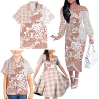 Beige Palaka Hawaiian And Japanese Family Matching Off The Shoulder Long Sleeve Dress and Hawaiian Shirt Maneki Neko And Sakura Bloom