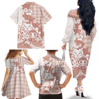 Beige Palaka Hawaiian And Japanese Family Matching Off The Shoulder Long Sleeve Dress and Hawaiian Shirt Maneki Neko And Sakura Bloom