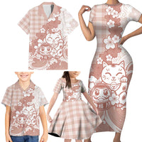 Beige Palaka Hawaiian And Japanese Family Matching Short Sleeve Bodycon Dress and Hawaiian Shirt Maneki Neko And Sakura Bloom