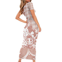 Beige Palaka Hawaiian And Japanese Family Matching Short Sleeve Bodycon Dress and Hawaiian Shirt Maneki Neko And Sakura Bloom