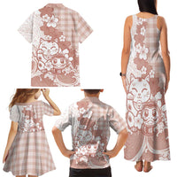 Beige Palaka Hawaiian And Japanese Family Matching Tank Maxi Dress and Hawaiian Shirt Maneki Neko And Sakura Bloom