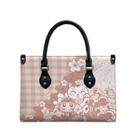 Beige Palaka Hawaiian And Japanese Leather Bag Maneki Neko And Sakura Bloom DT05 - Polynesian Pride
