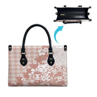 Beige Palaka Hawaiian And Japanese Leather Bag Maneki Neko And Sakura Bloom DT05 - Polynesian Pride