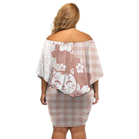Beige Palaka Hawaiian And Japanese Off Shoulder Short Dress Maneki Neko And Sakura Bloom