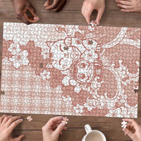 Beige Palaka Hawaiian And Japanese Puzzle Maneki Neko And Sakura Bloom