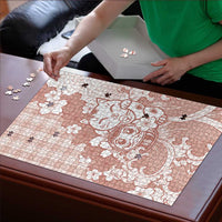 Beige Palaka Hawaiian And Japanese Puzzle Maneki Neko And Sakura Bloom