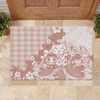 Beige Palaka Hawaiian And Japanese Rubber Doormat Maneki Neko And Sakura Bloom DT05 Beige - Polynesian Pride