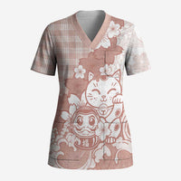 Beige Palaka Hawaiian And Japanese Scrub Top Maneki Neko And Sakura Bloom DT05 Adult Beige - Polynesian Pride