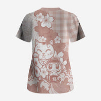 Beige Palaka Hawaiian And Japanese Scrub Top Maneki Neko And Sakura Bloom DT05 - Polynesian Pride