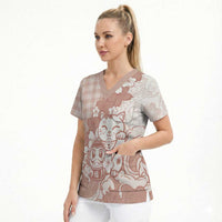 Beige Palaka Hawaiian And Japanese Scrub Top Maneki Neko And Sakura Bloom DT05 - Polynesian Pride