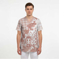 Beige Palaka Hawaiian And Japanese Scrub Top Maneki Neko And Sakura Bloom DT05 - Polynesian Pride