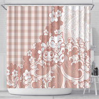 Beige Palaka Hawaiian And Japanese Shower Curtain Maneki Neko And Sakura Bloom
