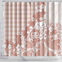 Beige Palaka Hawaiian And Japanese Shower Curtain Maneki Neko And Sakura Bloom