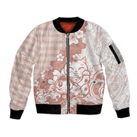 Beige Palaka Hawaiian And Japanese Sleeve Zip Bomber Jacket Maneki Neko And Sakura Bloom