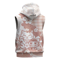 Beige Palaka Hawaiian And Japanese Sleeveless Hoodie Maneki Neko And Sakura Bloom DT05 - Polynesian Pride