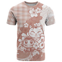 Beige Palaka Hawaiian And Japanese T Shirt Maneki Neko And Sakura Bloom