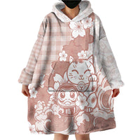 Beige Palaka Hawaiian And Japanese Wearable Blanket Hoodie Maneki Neko And Sakura Bloom DT05 - Polynesian Pride