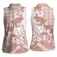 Beige Palaka Hawaiian And Japanese Women Sleeveless Polo Shirt Maneki Neko And Sakura Bloom