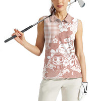 Beige Palaka Hawaiian And Japanese Women Sleeveless Polo Shirt Maneki Neko And Sakura Bloom
