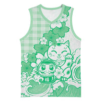 Green Palaka Hawaiian And Japanese Basketball Jersey Maneki Neko And Sakura Bloom