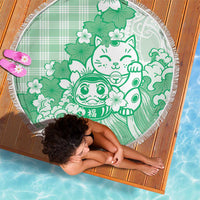 Green Palaka Hawaiian And Japanese Beach Blanket Maneki Neko And Sakura Bloom