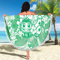 Green Palaka Hawaiian And Japanese Beach Blanket Maneki Neko And Sakura Bloom
