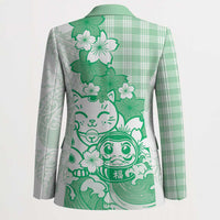 Green Palaka Hawaiian And Japanese Blazer Maneki Neko And Sakura Bloom