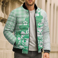 Green Palaka Hawaiian And Japanese Bomber Puffer Jacket Maneki Neko And Sakura Bloom