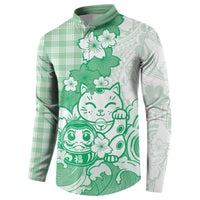 Green Palaka Hawaiian And Japanese Button Sweatshirt Maneki Neko And Sakura Bloom