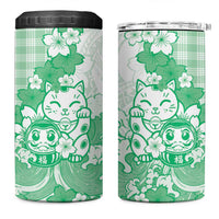 Green Palaka Hawaiian And Japanese 4 in 1 Can Cooler Tumbler Maneki Neko And Sakura Bloom