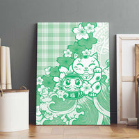 Green Palaka Hawaiian And Japanese Canvas Wall Art Maneki Neko And Sakura Bloom DT05 - Polynesian Pride