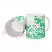 Green Palaka Hawaiian And Japanese Ceramic Mug Maneki Neko And Sakura Bloom DT05 - Polynesian Pride