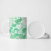 Green Palaka Hawaiian And Japanese Ceramic Mug Maneki Neko And Sakura Bloom DT05 - Polynesian Pride