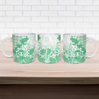 Green Palaka Hawaiian And Japanese Ceramic Mug Maneki Neko And Sakura Bloom DT05 - Polynesian Pride